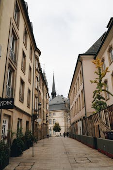 A picturesque street with classic European architecture in Luxembourg City, ideal for travel enthusiasts.