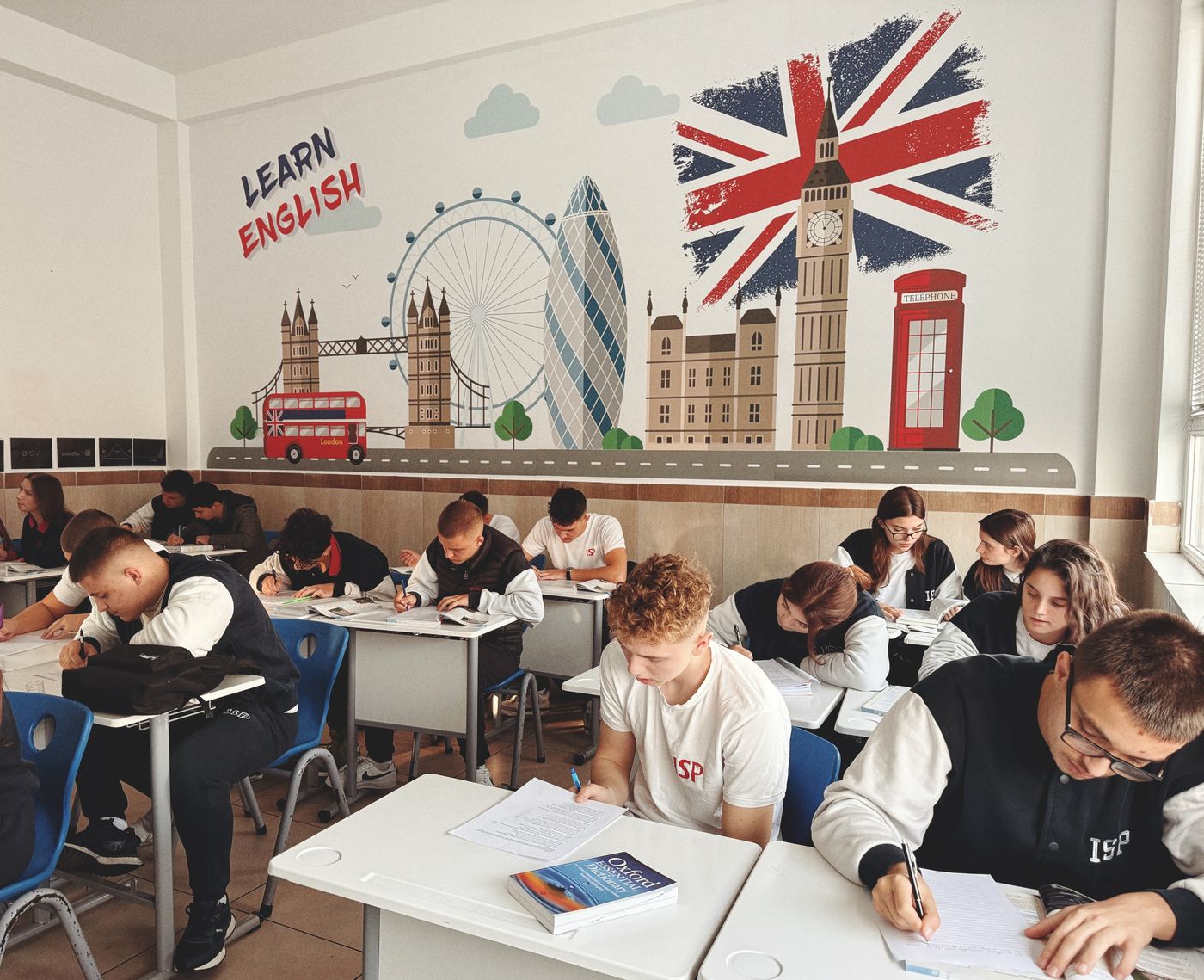 English classroom setup similar to a Polish language school teaching adult students