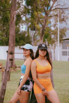 Two young women in activewear leaning against a fence outdoors amid greenery and trees.