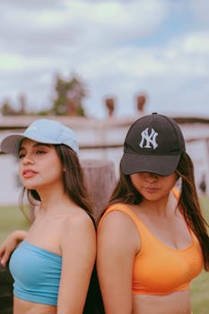 Two young women wearing colorful tops and caps on a sunny day, enjoying the outdoors.