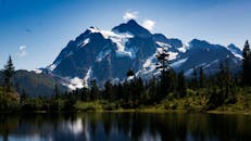 白雪皑皑的山脉的宁静景象倒映在松树环绕的平静湖面上