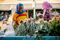 在色彩缤纷的户外蔬菜市场，两名妇女正友好地进行贸易