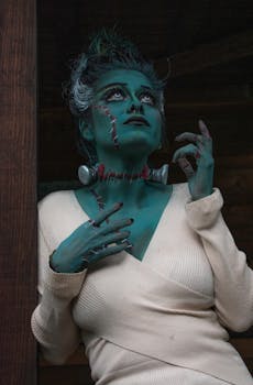 A woman in striking Halloween makeup resembling a classic monster, captured in Mexico City.