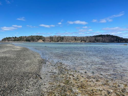 Free Scenic view of a rocky beach and clear waters in Bar Harbor, ME, under a blue spring sky. Stock Photo