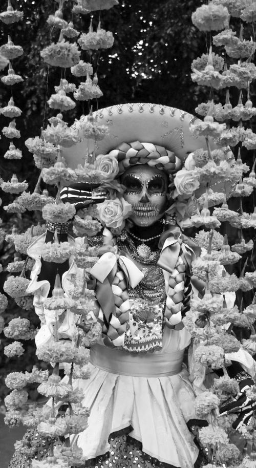 Free Black and white portrait of a woman in Dia de los Muertos costume with floral decorations. Stock Photo