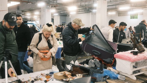 Shoppers explore a vibrant indoor marketplace in İstanbul, Türkiye, browsing various items on display.