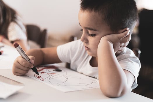 Young child focused on coloring a picture in a classroom environment.