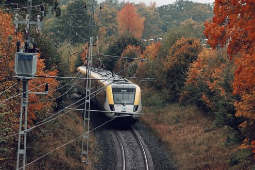 A yellow train travels through a vibrant autumn forest in rural Jönköping, Sweden.