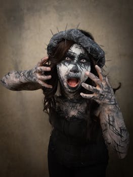 Spooky Halloween costume with eerie makeup and dramatic pose indoors.