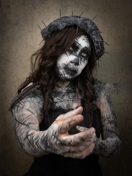 Close-up of a woman in horror makeup, creating a chilling Halloween vibe in Mexico City.