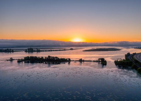 Breathtaking sunrise over the Mississippi River viewed from Minneiska, Minnesota.
