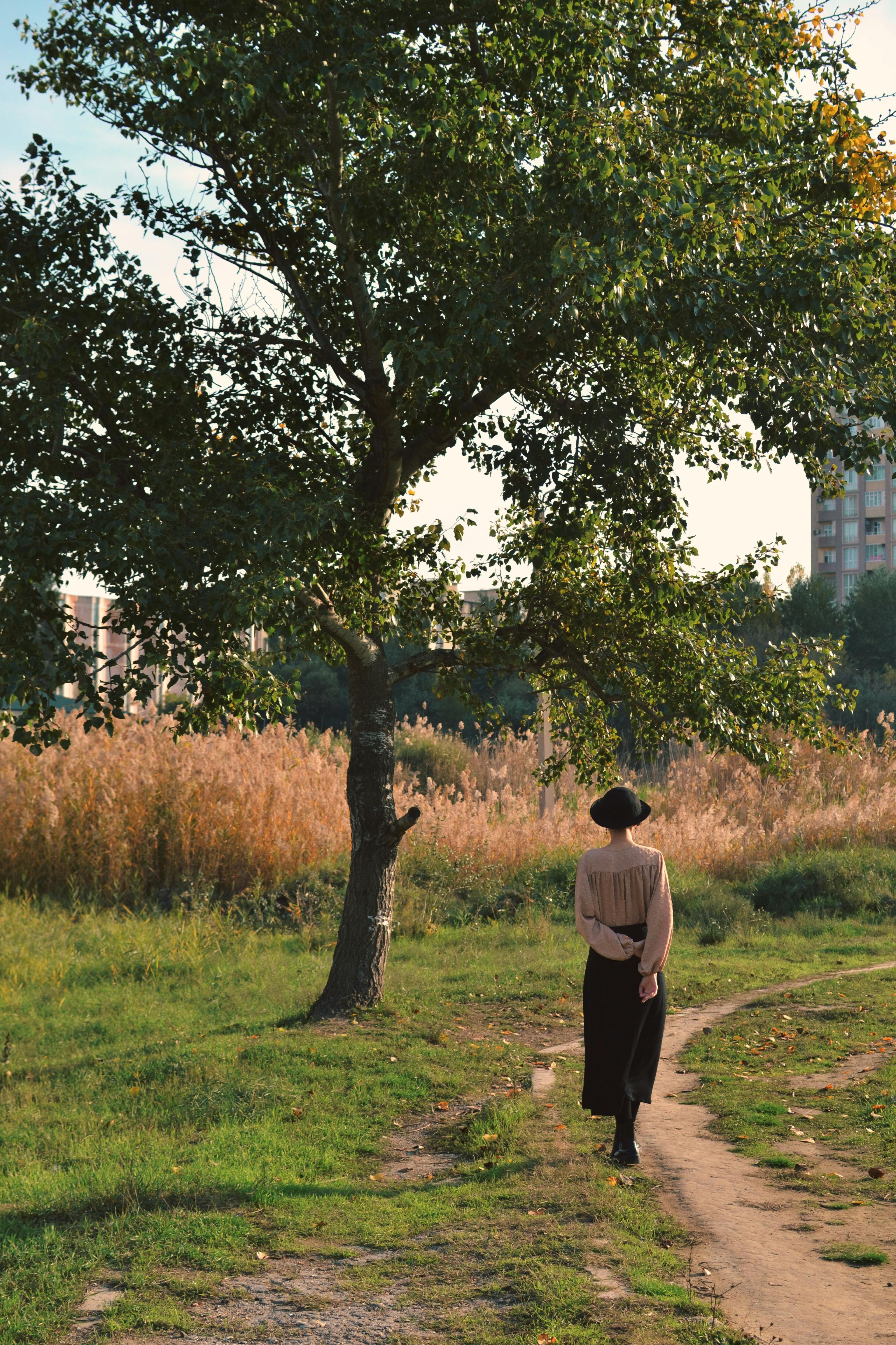 A woman strolls along a park path during autumn, surrounded by trees and nature.