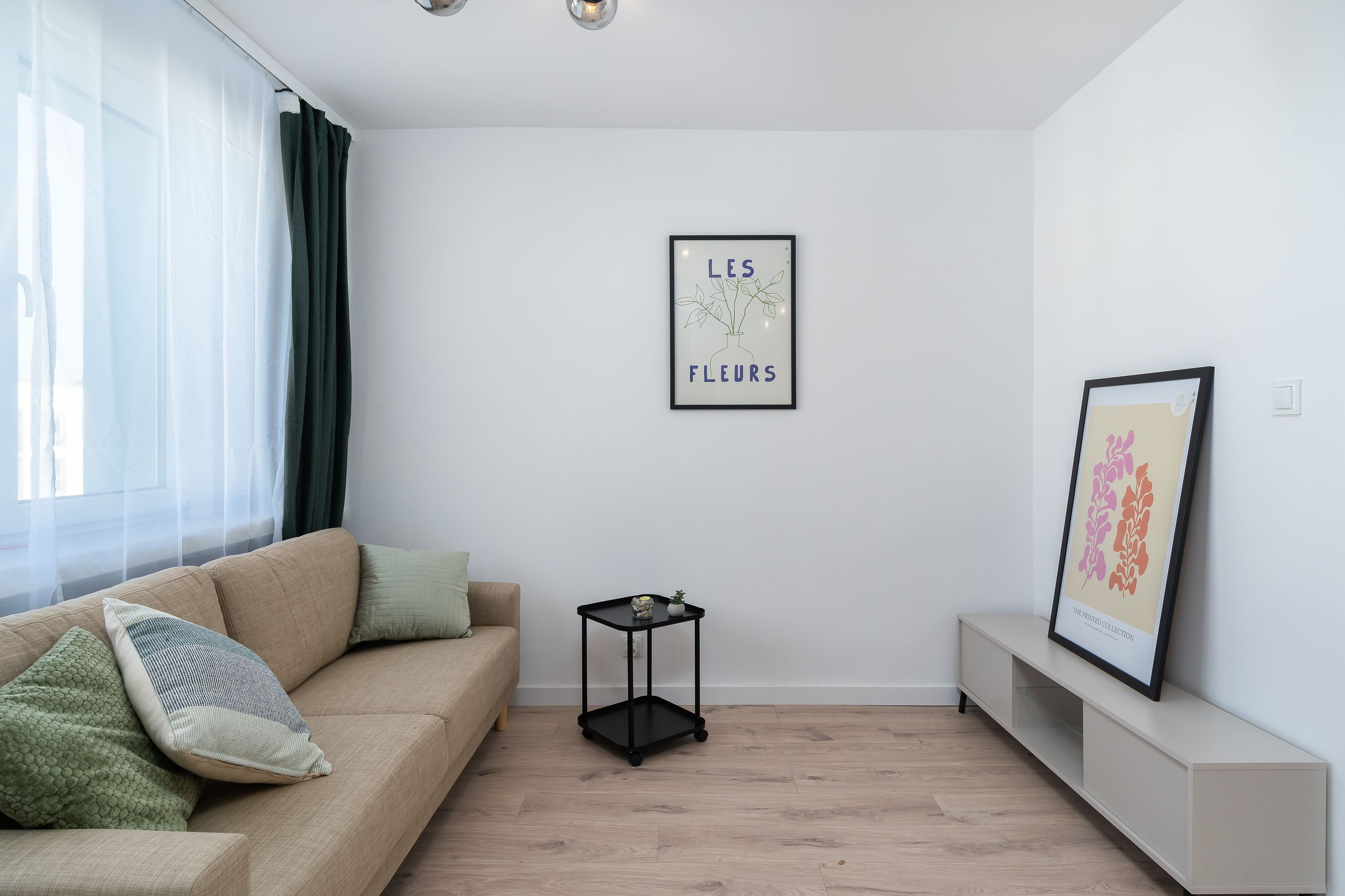 Compact 1BHK living room with minimalist decor and natural light