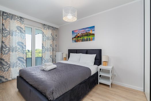 Elegant modern bedroom with stylish decor and a comfortable bed, perfect for relaxation.