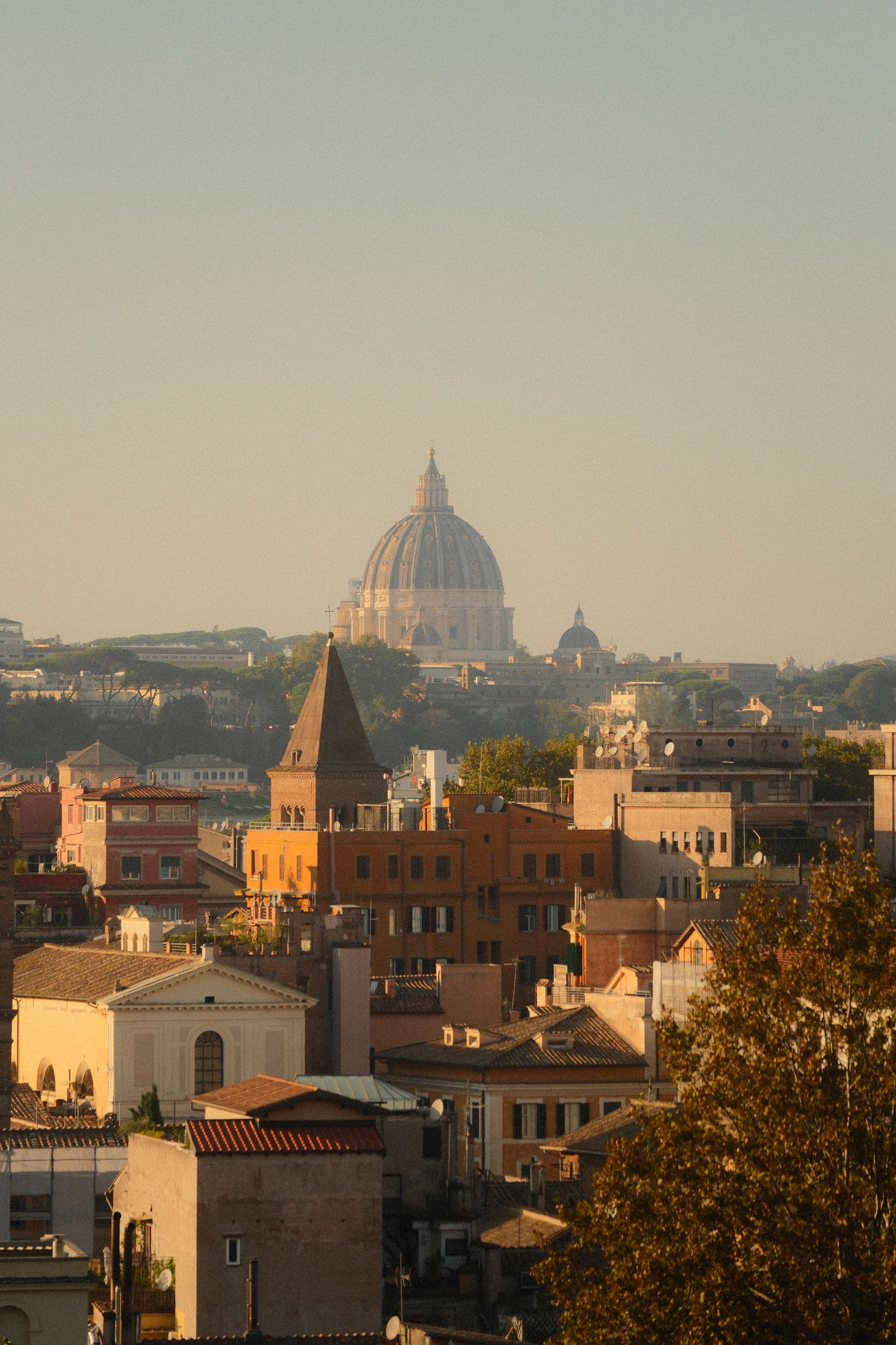 A scenic view of St. Peter's Basilica and Rome's historic skyline during the day.