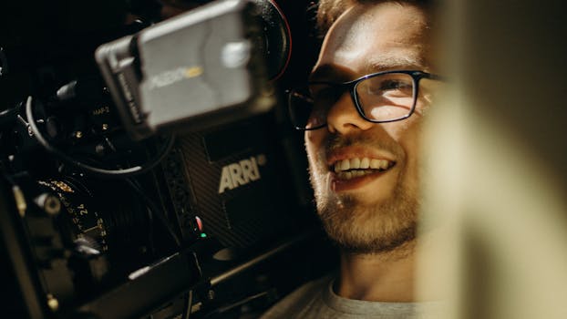 A smiling filmmaker with eyeglasses operates an ARRI camera, capturing a lively moment on set.