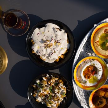 Delicious Middle Eastern mezze platter featuring hummus, yogurt, and assorted dishes under sunlight.