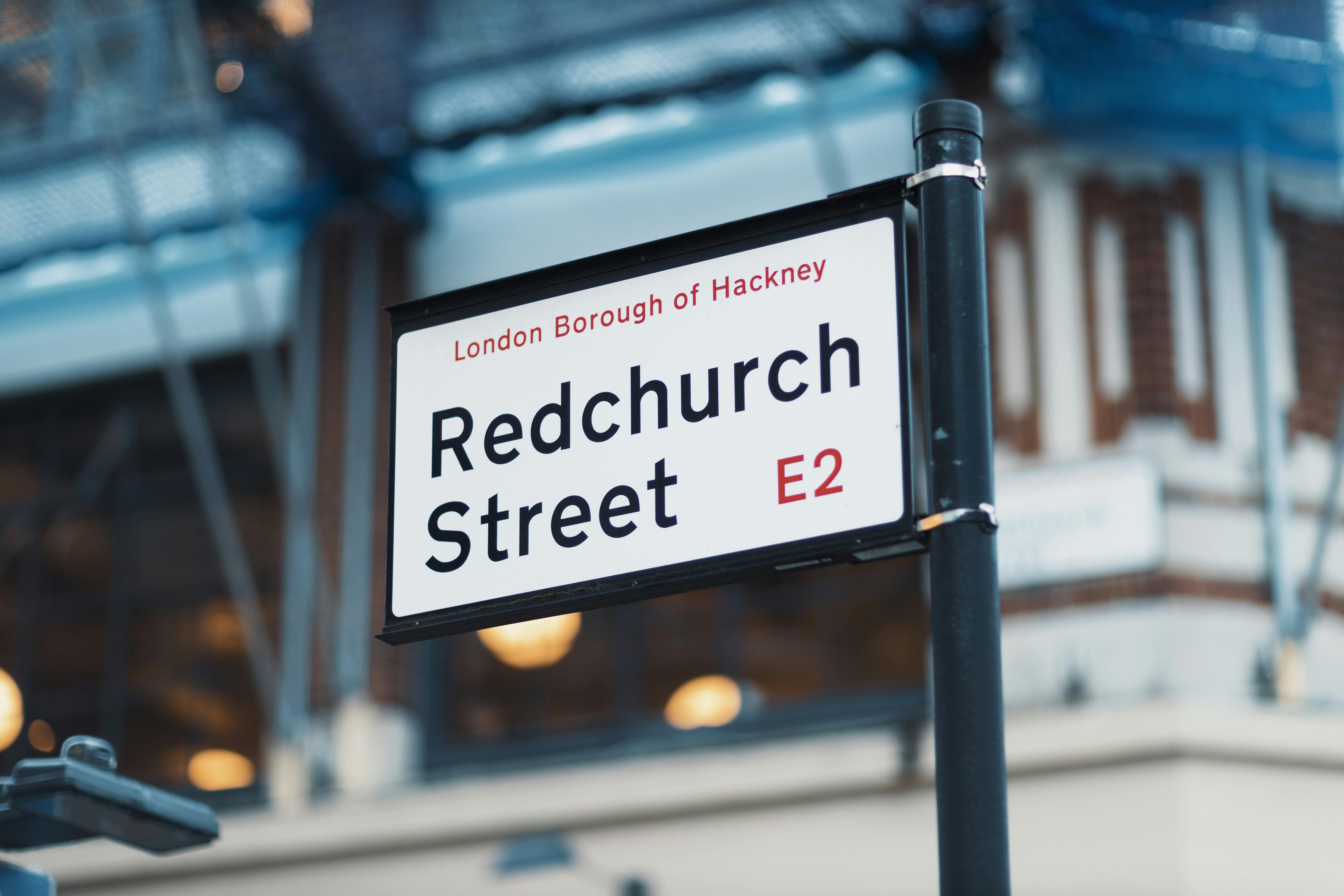 Street sign for Redchurch Street in the London Borough of Hackney, E2 location.