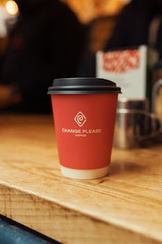 A red takeaway coffee cup sits on a wooden table, creating a cozy cafe atmosphere.
