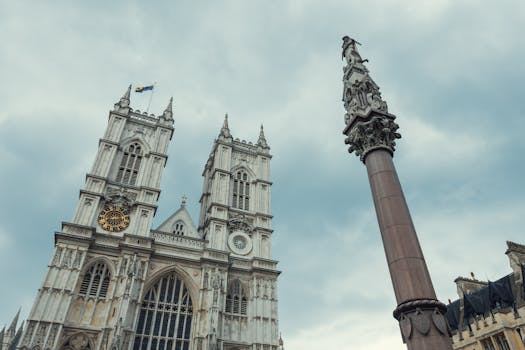 Stunning view of Westminster Abbey and iconic column against a cloudy sky.