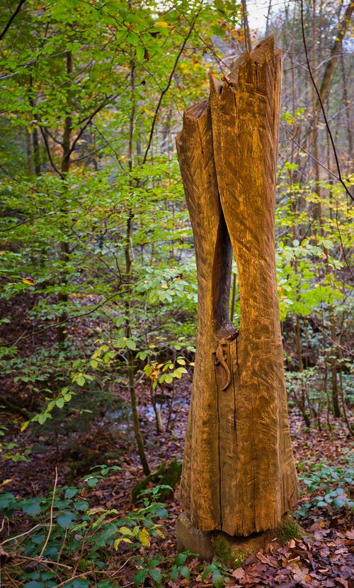 Free A rustic wooden sculpture stands surrounded by vibrant foliage in a serene forest scene. Stock Photo