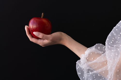 Free A graceful hand holds a red apple against a dark backdrop, symbolizing temptation and beauty. Stock Photo