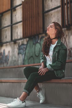 Stylish young woman posing in an urban setting with graffiti background, wearing casual chic outfit.