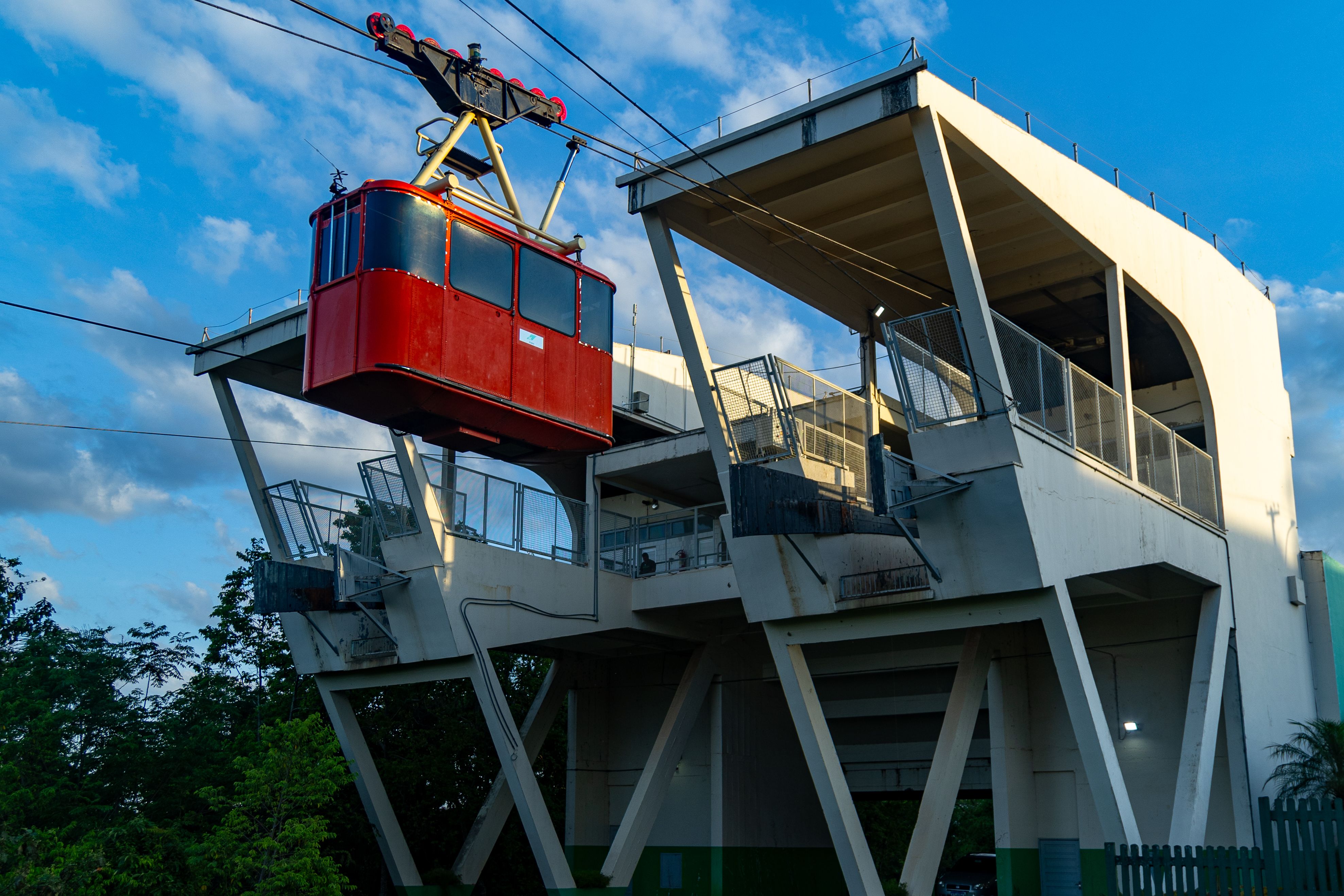Cologne cable car station boarding gondola passengers