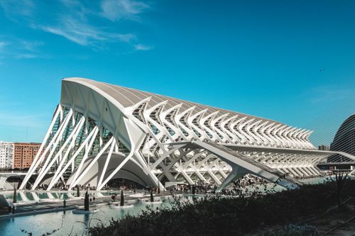 Architectural marvel of Valencia, the Science Museum under a clear blue sky.