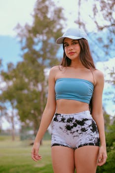 A young woman in casual attire smiles while outdoors on a sunny day.