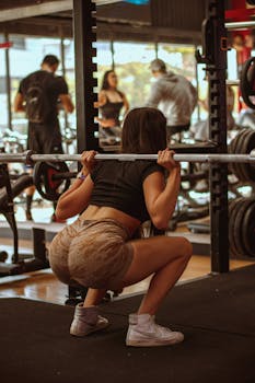 Female athlete squatting with barbell in a bustling gym, showcasing strength and fitness.