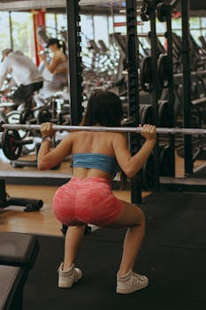Fit woman performing squat exercise with barbell in modern gym for strength training.
