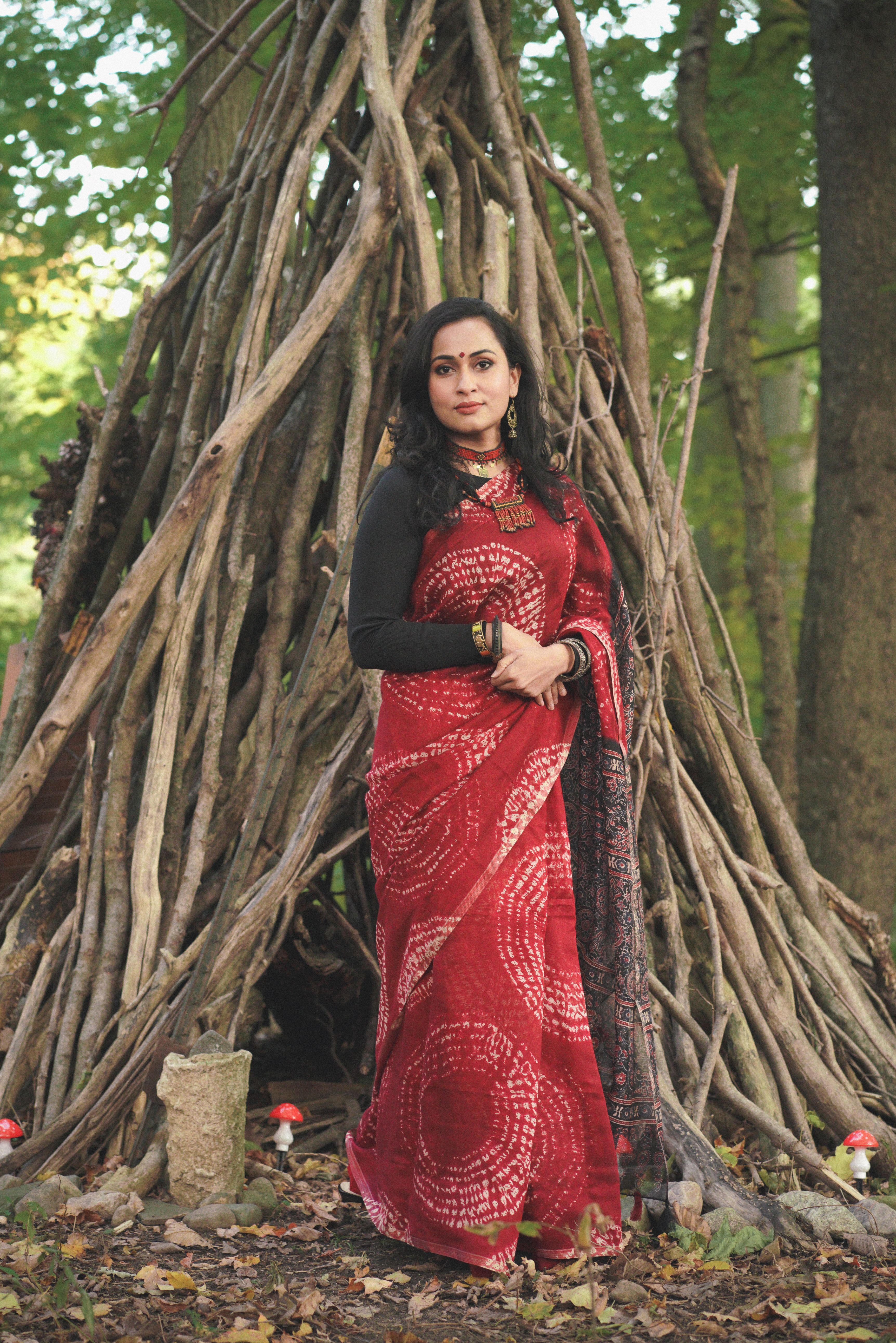 Woman in Red Sari Posing in Forest with Wood Structure · Free Stock Photo