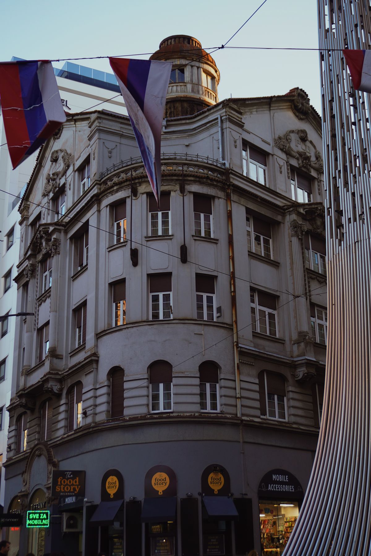 Belgrade evening street scene and city architecture