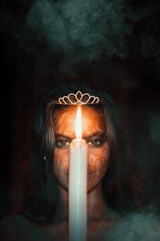 A woman with face paint and a tiara ominously holds a candle in a smoky dark atmosphere.