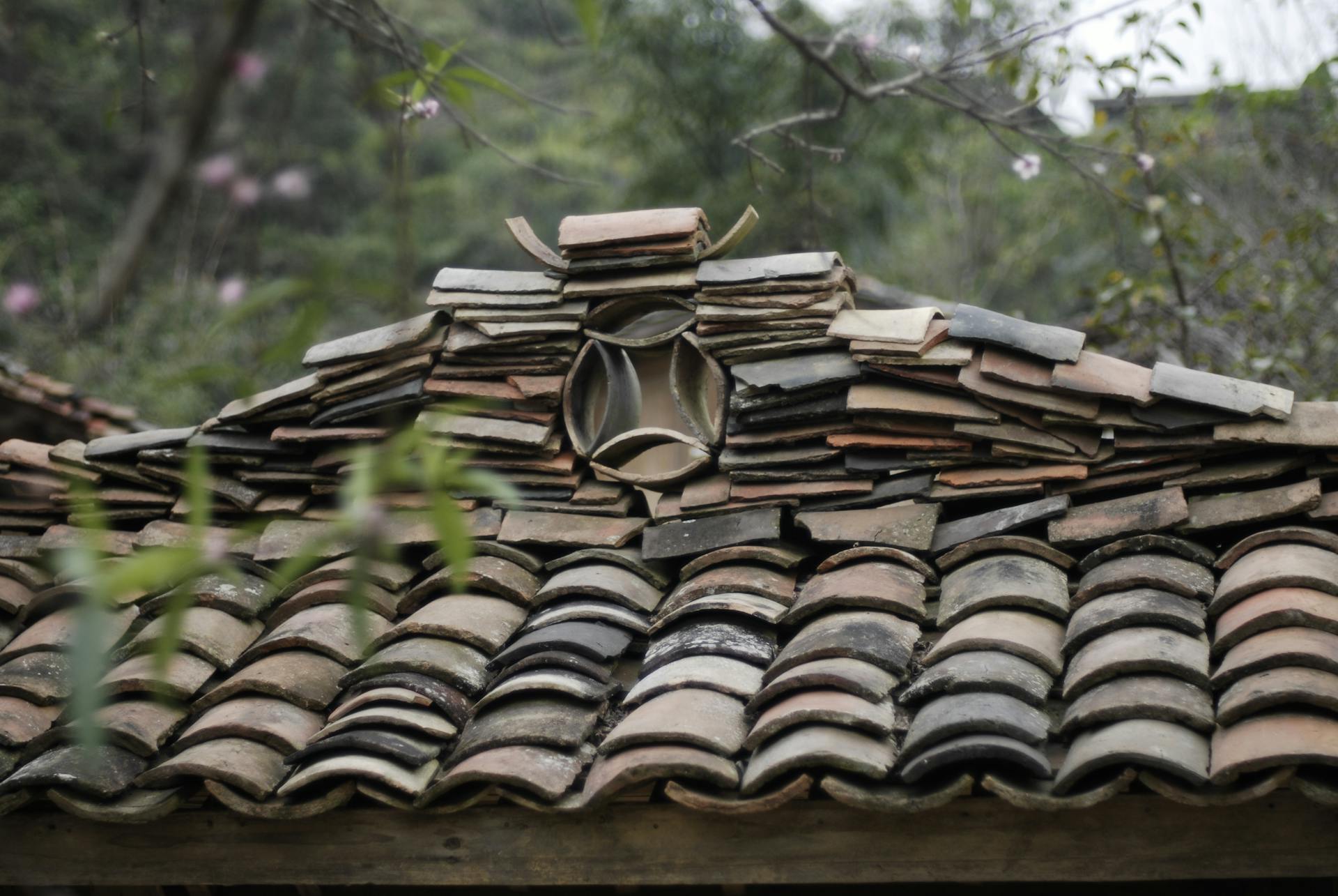 A detailed view of a rustic tiled roof surrounded by lush greenery, evoking a sense of tradition and nature.