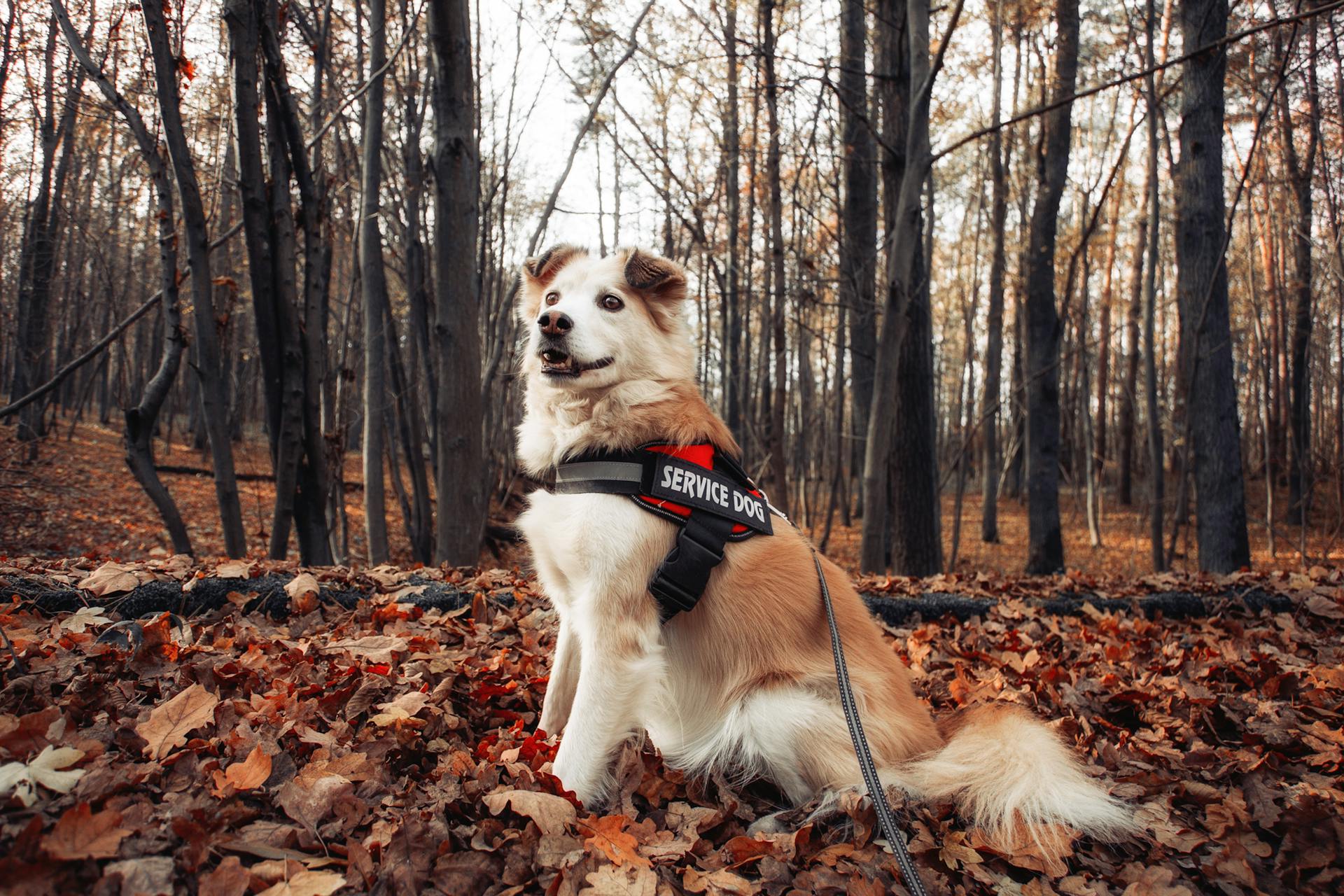 Service dog in a fall forest, among leaves, showcasing loyalty and nature's beauty.