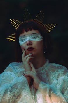 A woman in a lace veil and halo stands in a mystical forest setting, evoking magic.