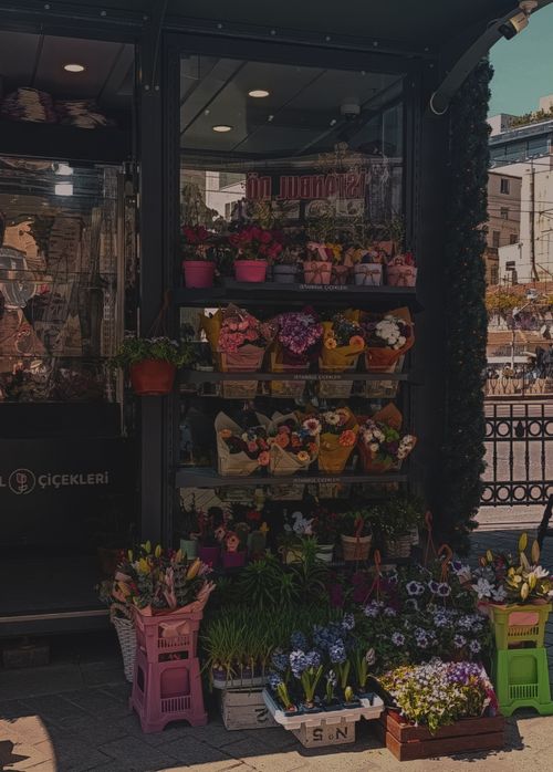 Free Colorful flower shop display with assorted blossoms on a sunny street corner. Stock Photo