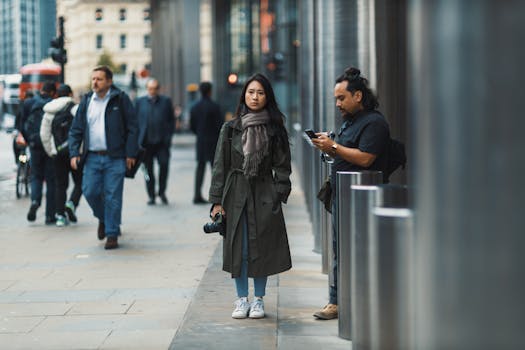 Scena dinamica di strada urbana immortalata da persone che camminano e interagiscono.