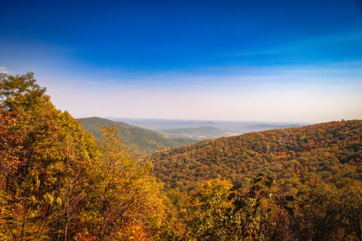 Vibrant fall foliage in the Appalachian Mountains with clear blue skies.