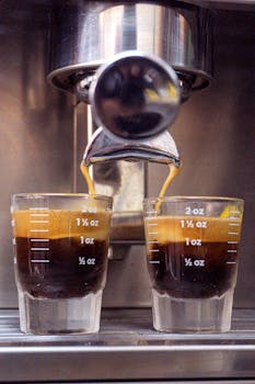 Espresso machine brewing two shots of coffee. Perfect for coffee lovers.