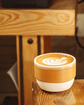 Warm-toned close-up of latte art in a rustic café in Santiago de Querétaro, Mexico.