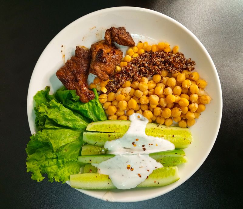 grain bowl with roasted vegetables and chickpeas
