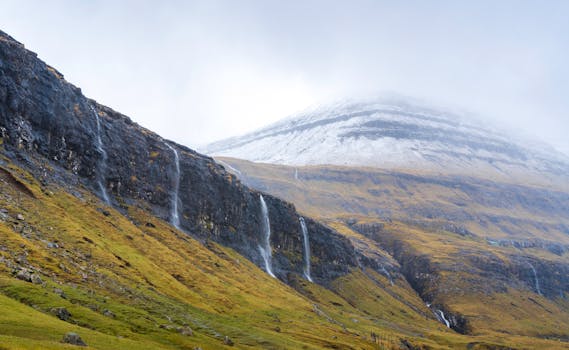 Snow-capped mountain and cascading waterfalls in the Faroe Islands.