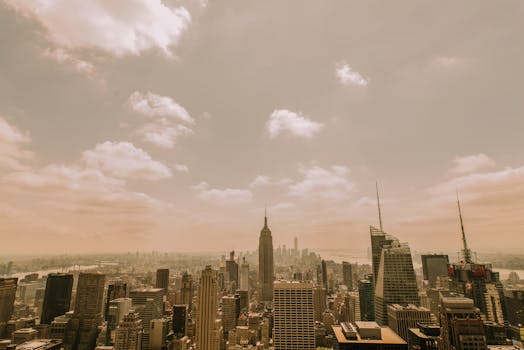 这张鸟瞰图展现了令人惊叹的纽约市天际线，其中标志性的帝国大厦格外醒目