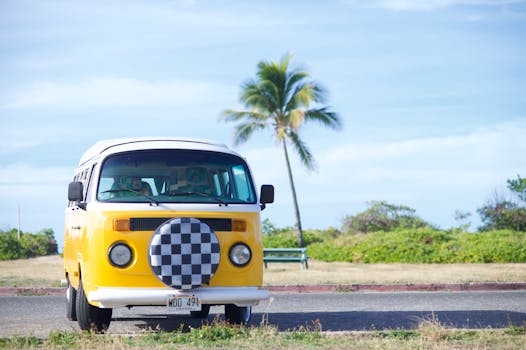 Photo by Janine Speidel Classic yellow Volkswagen bus parked on a sunny Hawaiian day with a palm tree in the background.