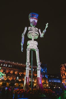 Vibrant giant skeleton wearing a colorful sombrero illuminated during a nighttime celebration in a city square.