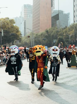 Vibrant costumes and festive atmosphere at the Day of the Dead parade in Mexico City.