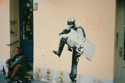 Street scene featuring graffiti art and a person sitting against a wall with bottles nearby.